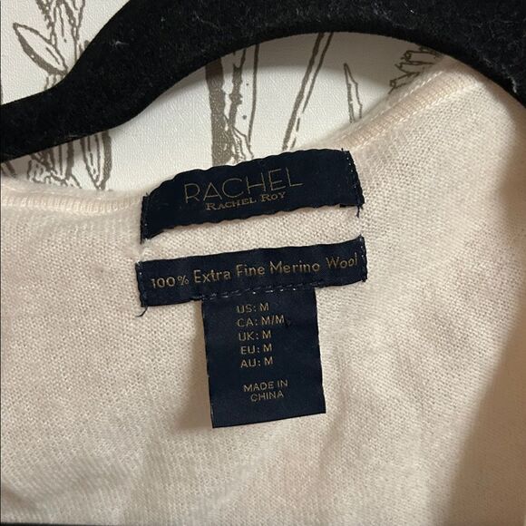 RACHEL Rachel Roy Cream 100% Extra Fine Merino Wool Open Cardigan Sweater Hooded - Picture 2 of 4